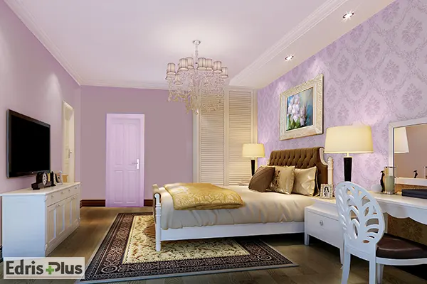 مدل دکوراسیون اتاق خواب با رنگ یاسی و سفید